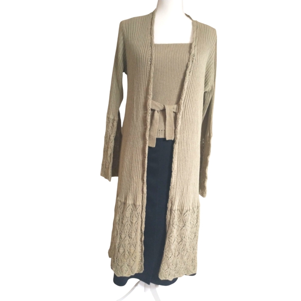 Tan Knit Long Cardigan With Coordinating Tank